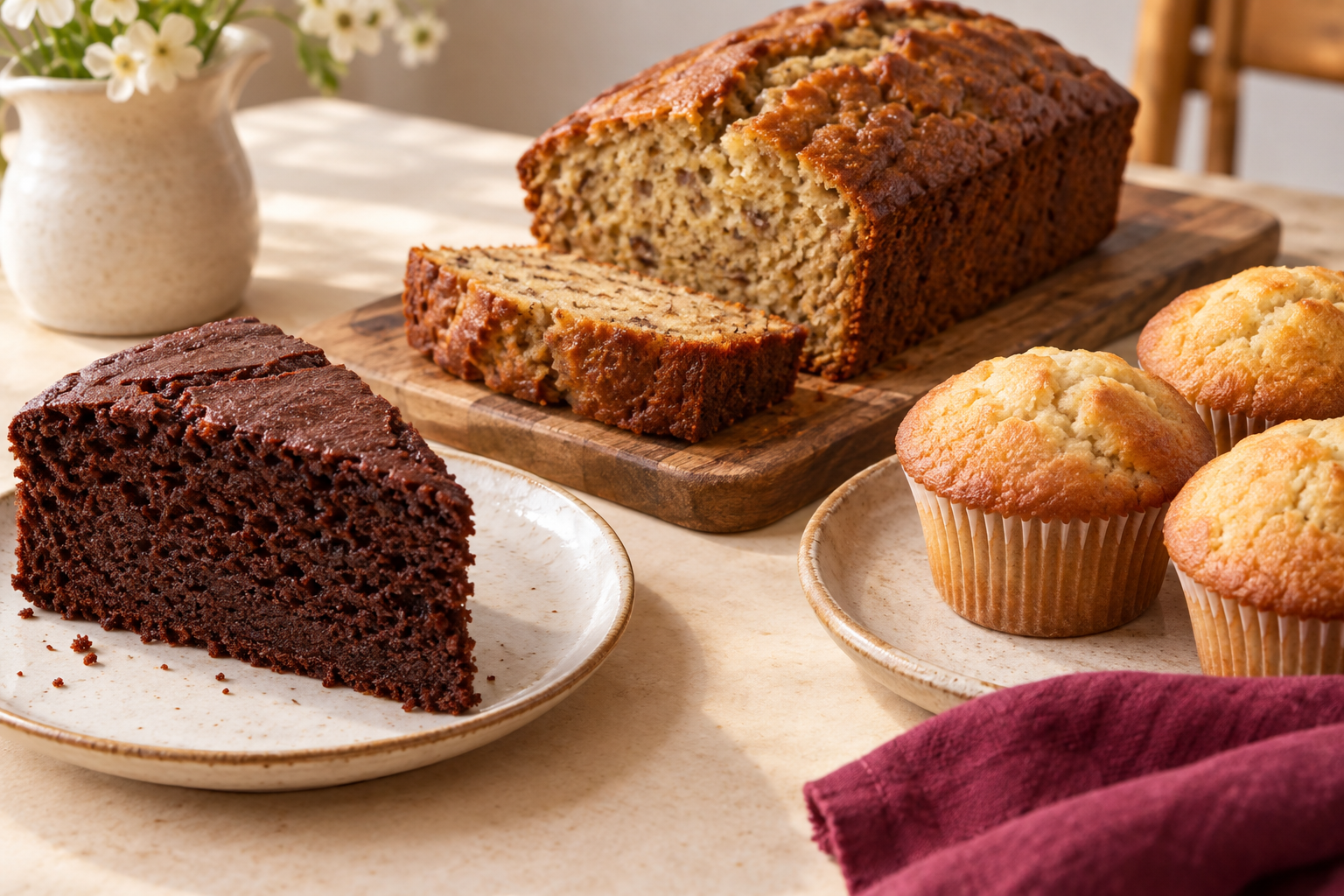Illustrative chocolate cake slice, banana loaf and muffins on a cream table